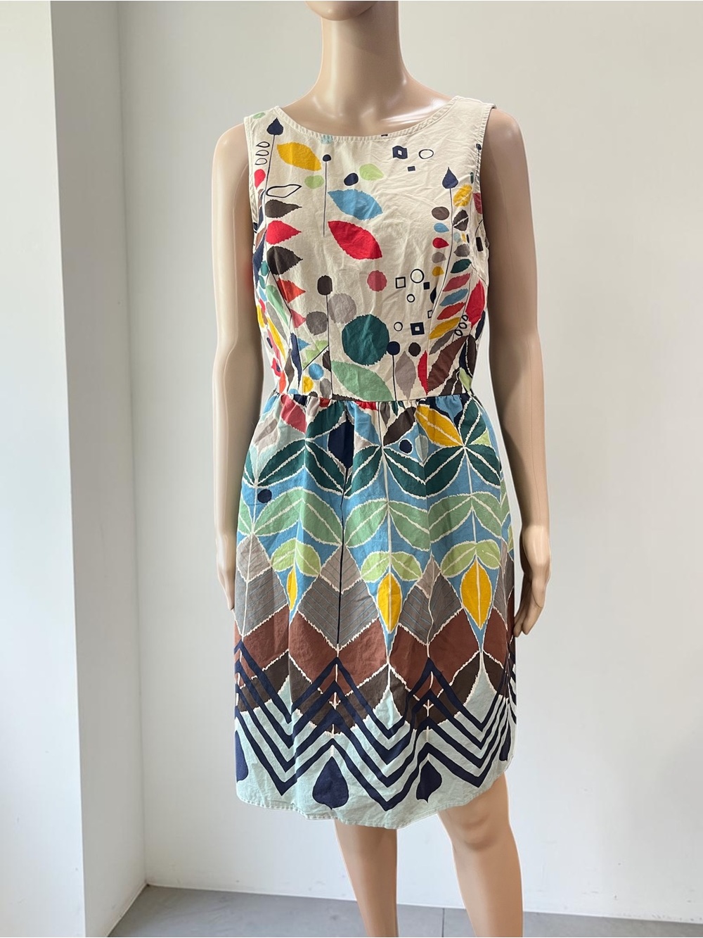 Retrolicious Abstract Mod Mid Century Print Dress Leaf Chevron Cream M USA Made